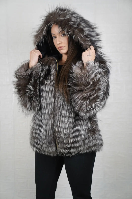 Silver fox fur jacket hooded zipper hip level women — front view hood down, TatiFurs
