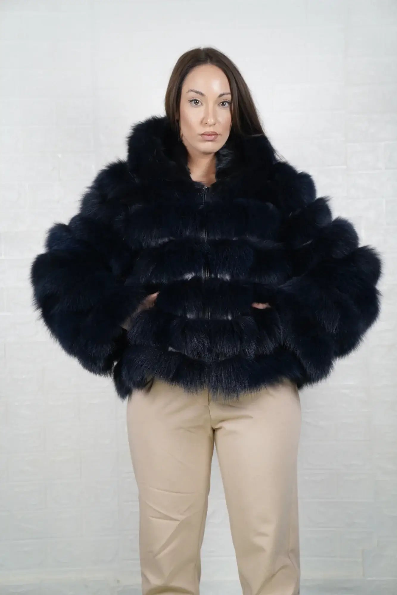 Fox fur jacket blue displaying full skin blue fox horizontal rows with clean leather strips and above hip hooded silhouette — Greek craftsmanship, TatiFurs
