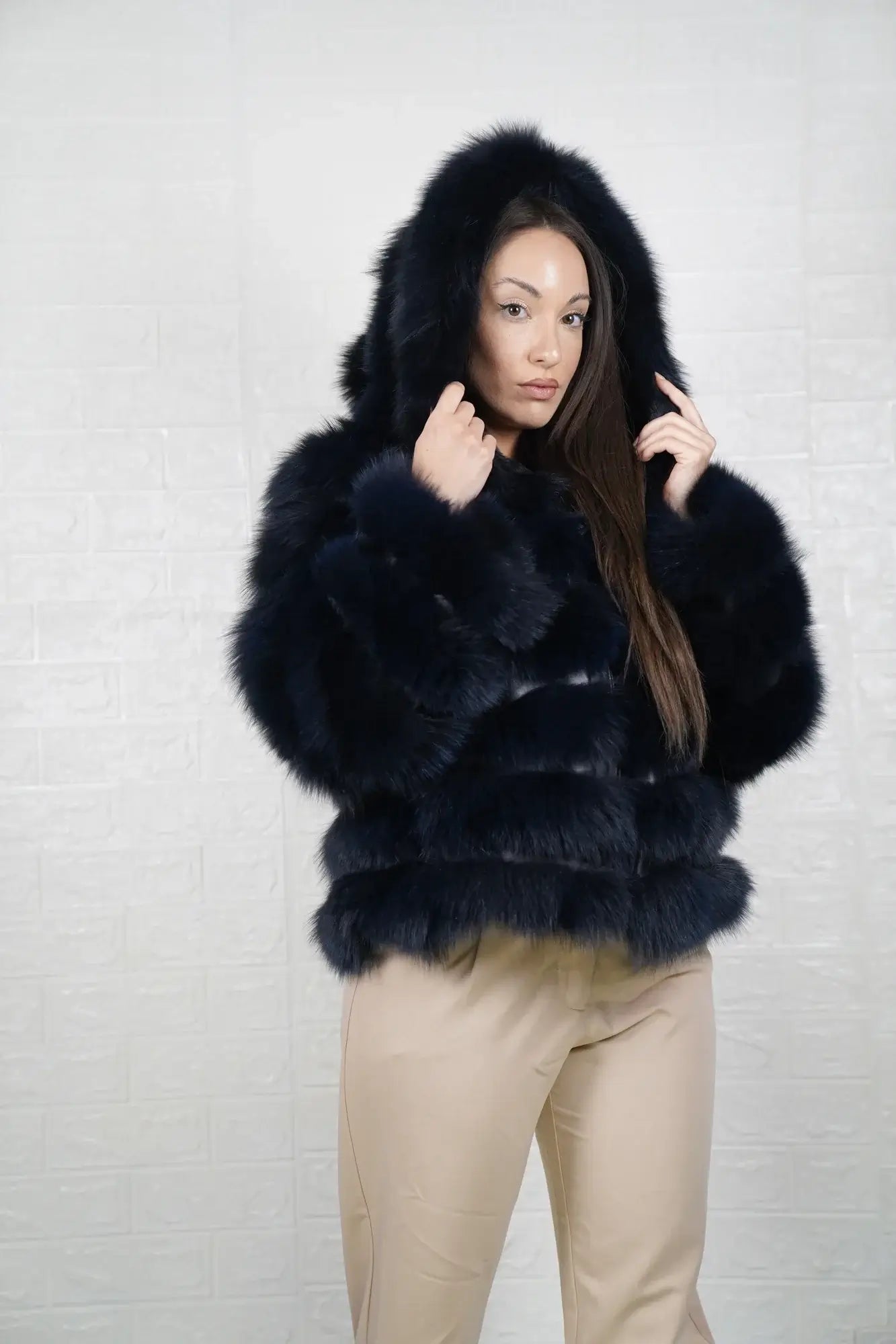 Fox fur jacket blue hooded leather trim above hip women — front view hood down, TatiFurs
