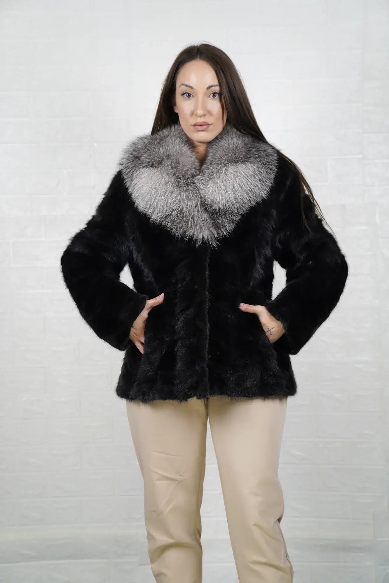 Mink fur jacket black fox collar patchwork hip level women — front view, TatiFurs
