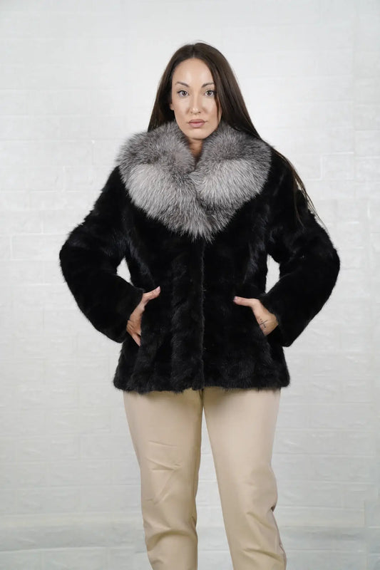Mink fur jacket black fox collar patchwork hip level women — front view, TatiFurs
