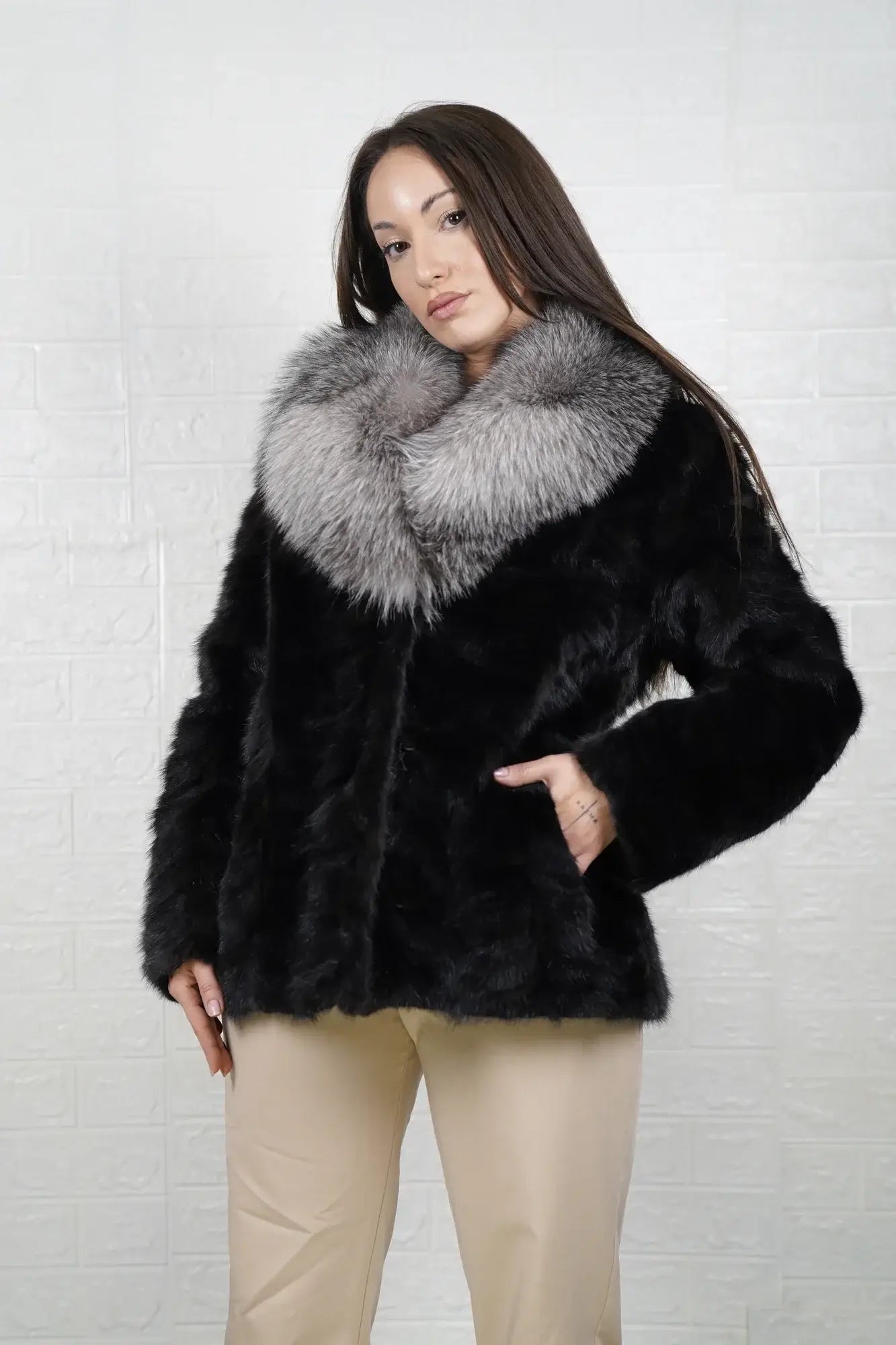 Mink fur jacket black fox collar women shown full length from front displaying frost fox collar and hip level black mink patchwork silhouette — Greek craftsmanship, TatiFurs
