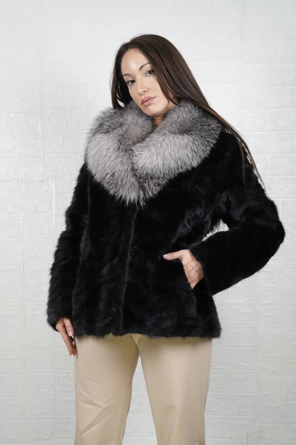Mink fur jacket black fox collar women shown full length from front displaying frost fox collar and hip level black mink patchwork silhouette — Greek craftsmanship, TatiFurs
