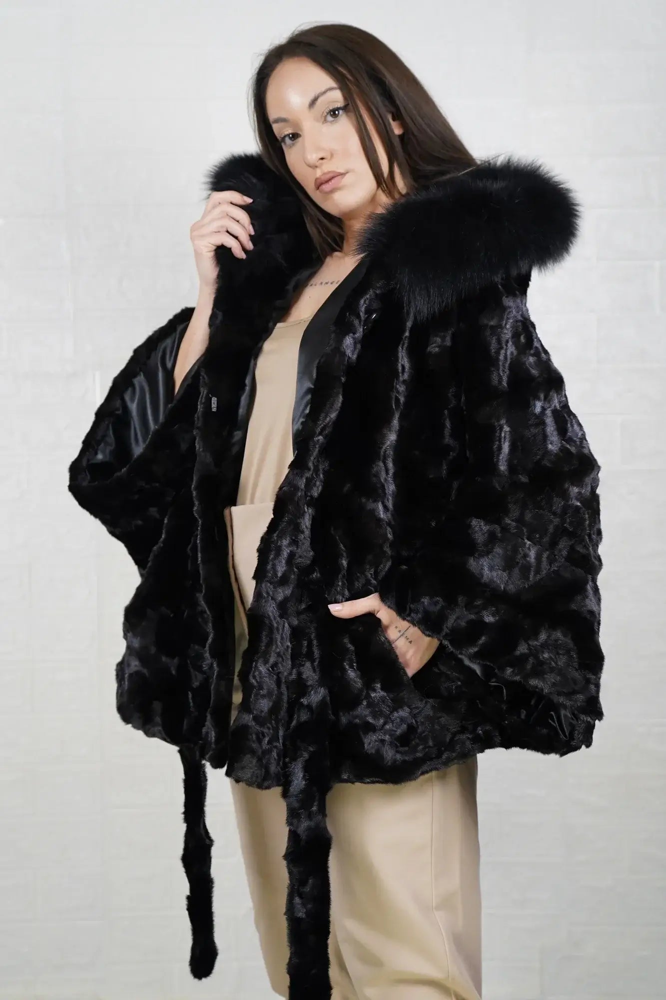 Mink fur cape black fox trim hood displaying uniform black patchwork mink body and voluminous black fox trimmed hood — Greek craftsmanship, TatiFurs
