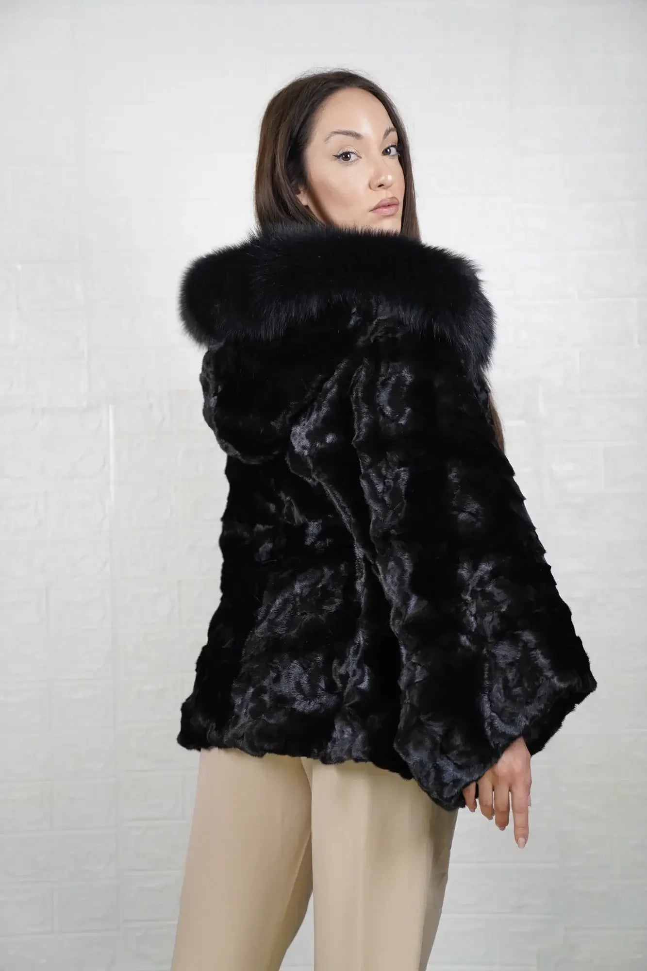 Mink fur cape black fox trim hood women shown full length from front displaying fox trimmed hood and hip level black mink patchwork silhouette — Greek craftsmanship, TatiFurs
