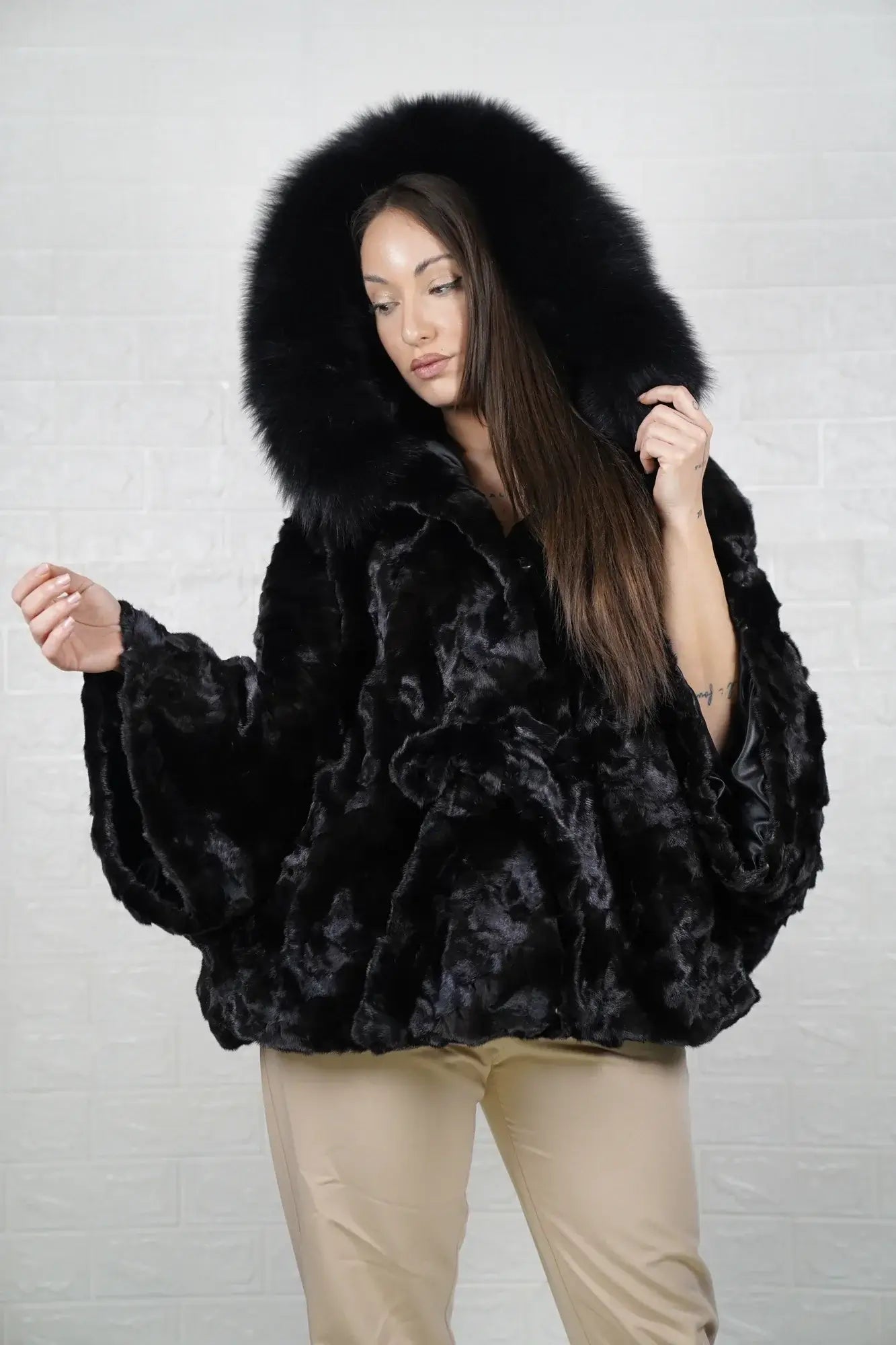 Mink fur cape black fox trim hood patchwork normal sleeves hip level women — front view, TatiFurs
