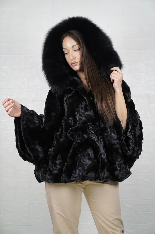 Mink fur cape black fox trim hood patchwork normal sleeves hip level women — front view, TatiFurs
