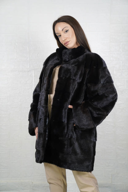 Mink fur coat black collar hidden buttons women — front view, TatiFurs
