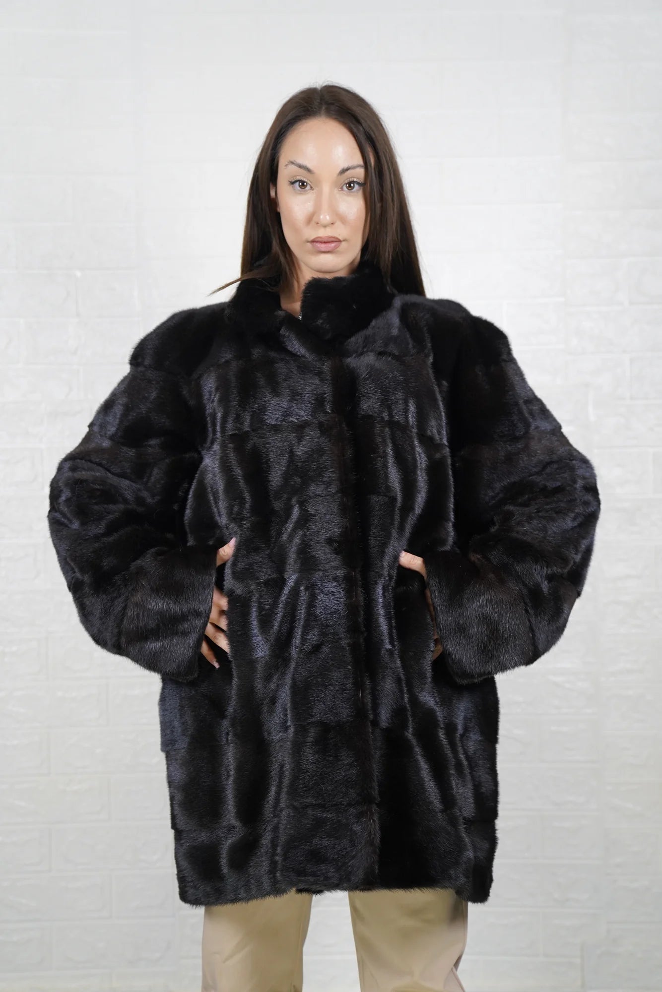 Mink fur coat black with collar displaying deep consistent black tone and clean above the knee silhouette — Greek craftsmanship, TatiFurs
