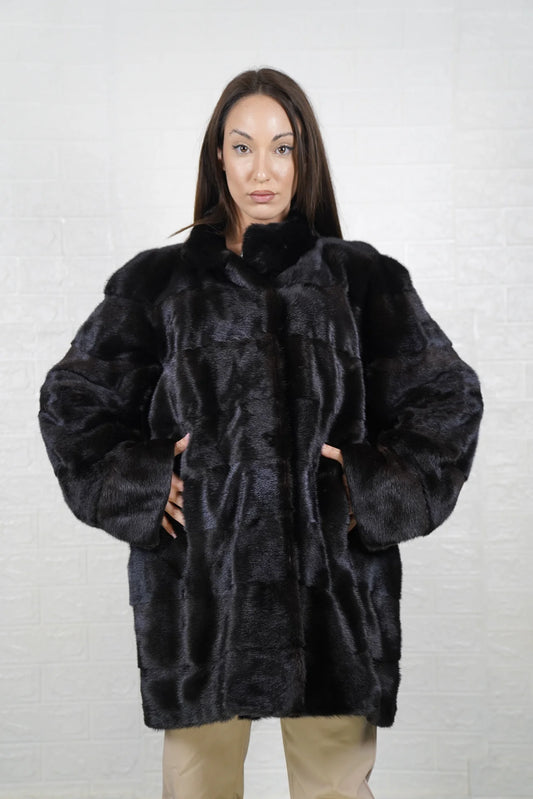 Mink fur coat black with collar displaying deep consistent black tone and clean above the knee silhouette — Greek craftsmanship, TatiFurs
