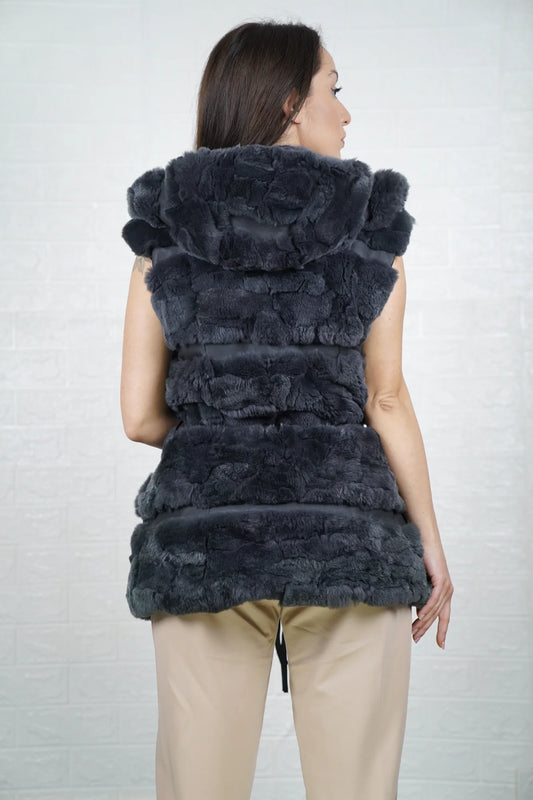 Rex rabbit fur vest gray close-up texture showing dense velvety gray rex rabbit pile and horizontal leather strip construction between fur rows — Greek craftsmanship, TatiFurs
