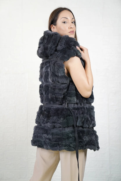 Rex rabbit fur vest gray shown from the side displaying below hip silhouette and horizontal leather framed cool gray rex rabbit rows — Greek craftsmanship, TatiFurs
