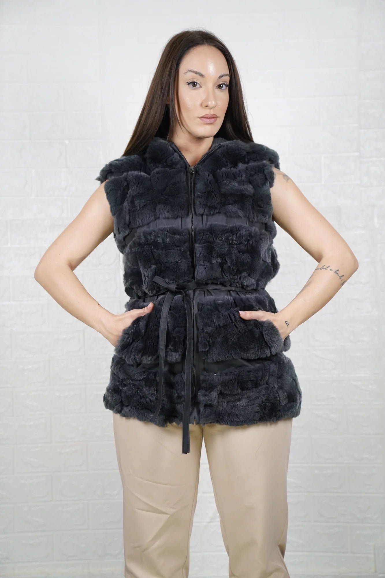 Rex rabbit fur vest gray — detail shot of premium satin lining inside below hip vest — Greek craftsmanship, TatiFurs
