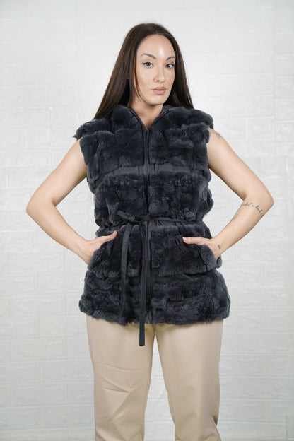 Rex rabbit fur vest gray — detail shot of premium satin lining inside below hip vest — Greek craftsmanship, TatiFurs
