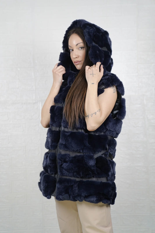 Rex rabbit fur vest blue leather trim hooded zipper below hip women — front view hood down, TatiFurs
