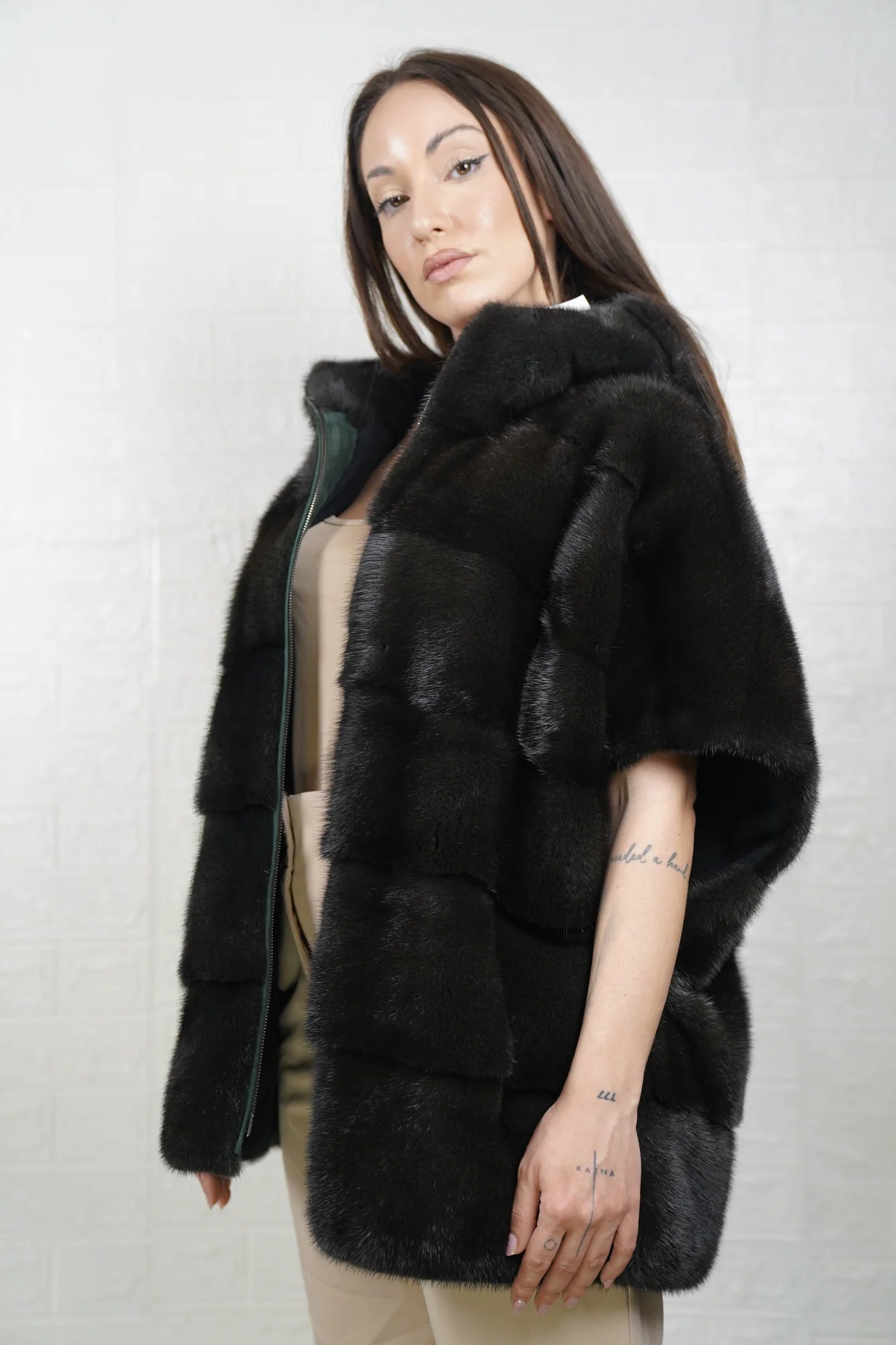 Mink fur cape dark green hooded women — front view, TatiFurs
