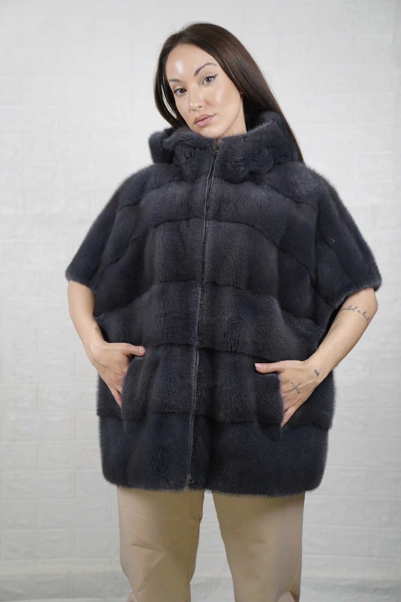 Mink fur cape gray hooded short sleeves women — front view, TatiFurs