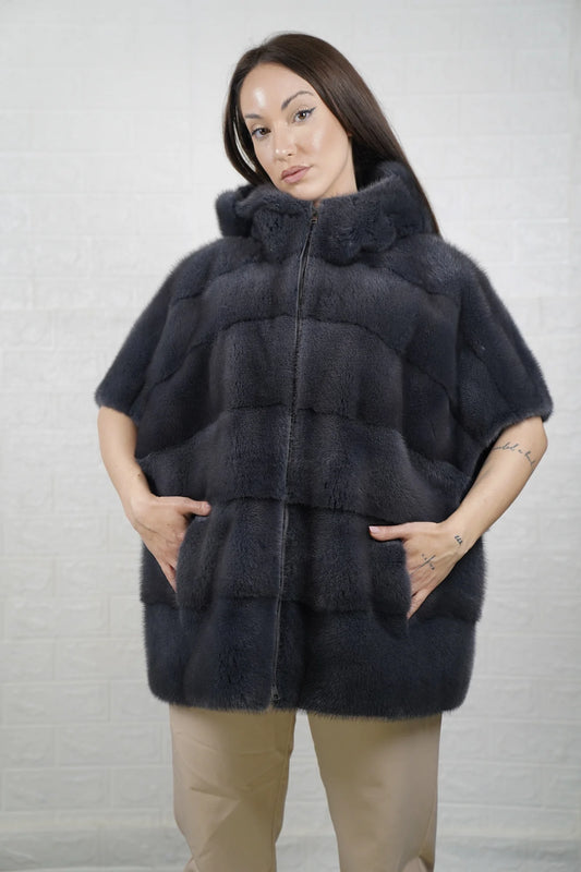 Mink fur cape gray hooded short sleeves women — front view, TatiFurs