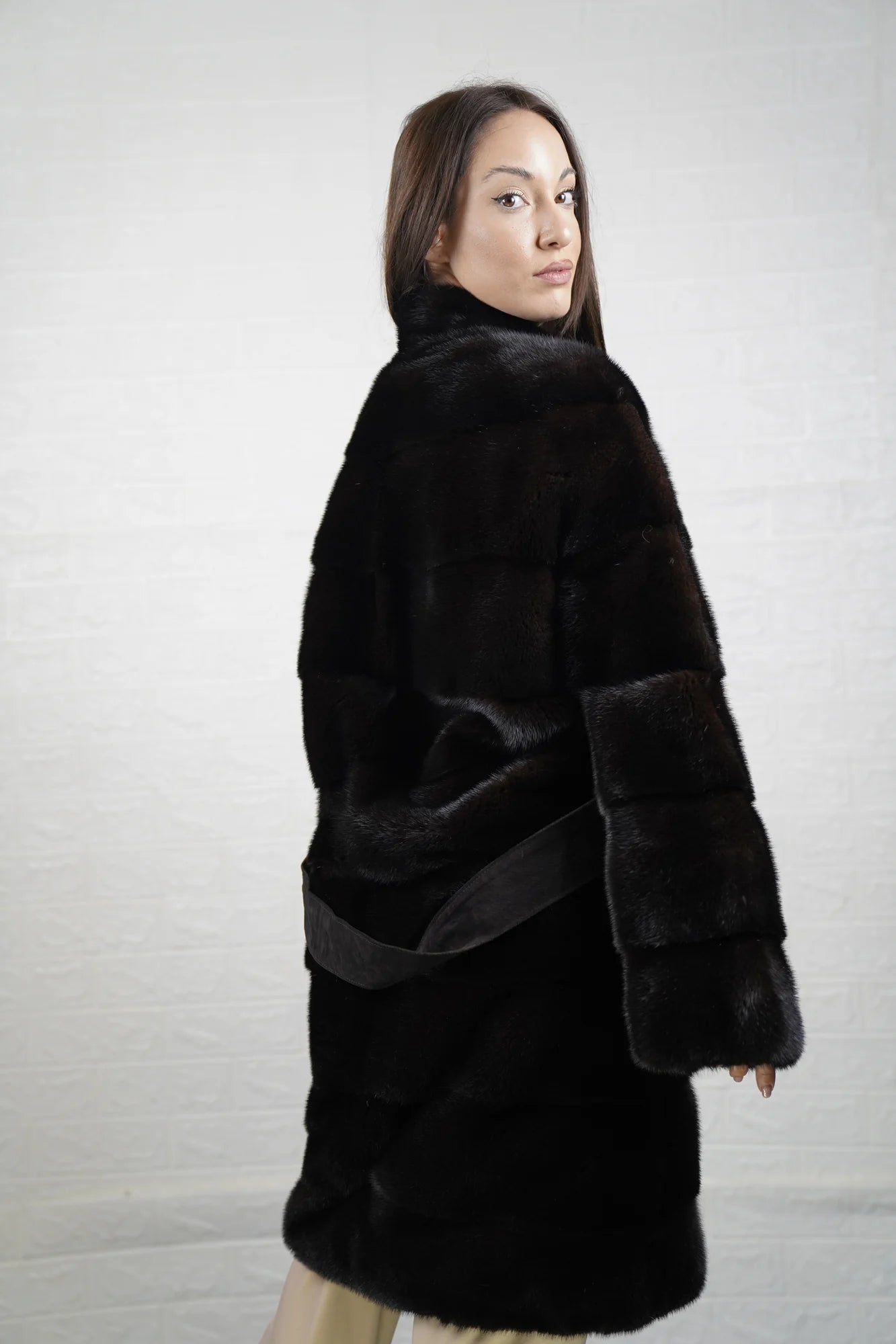 Mink fur coat dark brown collared long with belt shown from the side displaying knee length silhouette and natural dark brown mink drape — Greek craftsmanship, TatiFurs
