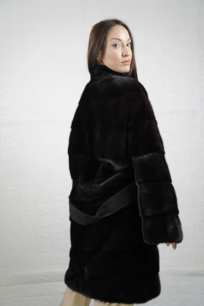 Mink fur coat dark brown collared long with belt shown from the side displaying knee length silhouette and natural dark brown mink drape — Greek craftsmanship, TatiFurs
