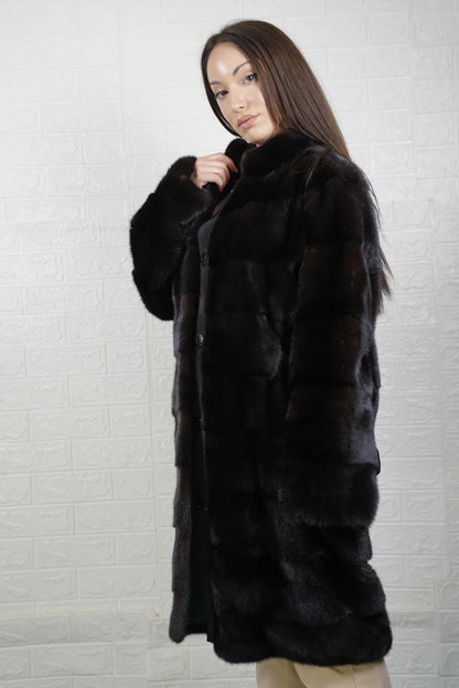 Mink fur coat dark brown collared long with belt women — front view, TatiFurs
