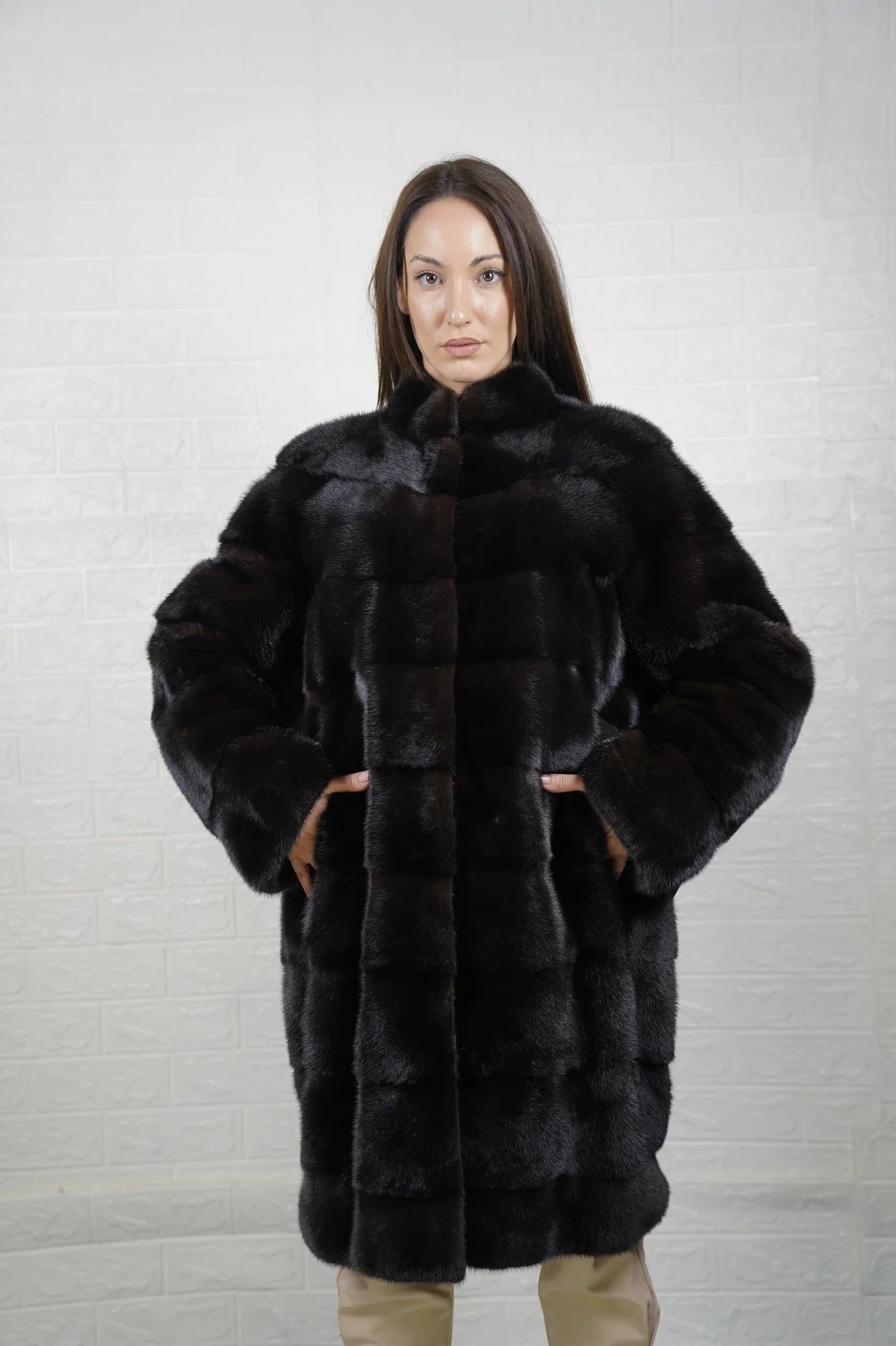 Mink fur coat dark brown collared long with belt women shown full length from front displaying collar frame and leather belt at waist — Greek craftsmanship, TatiFurs
