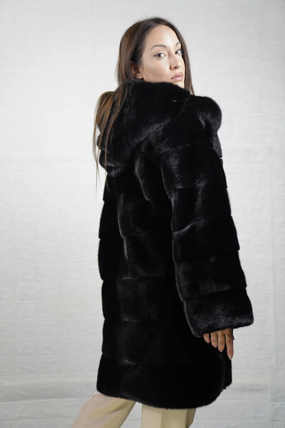 Mink fur coat black with hood — detail shot of premium satin lining inside long coat — Greek craftsmanship, TatiFurs
