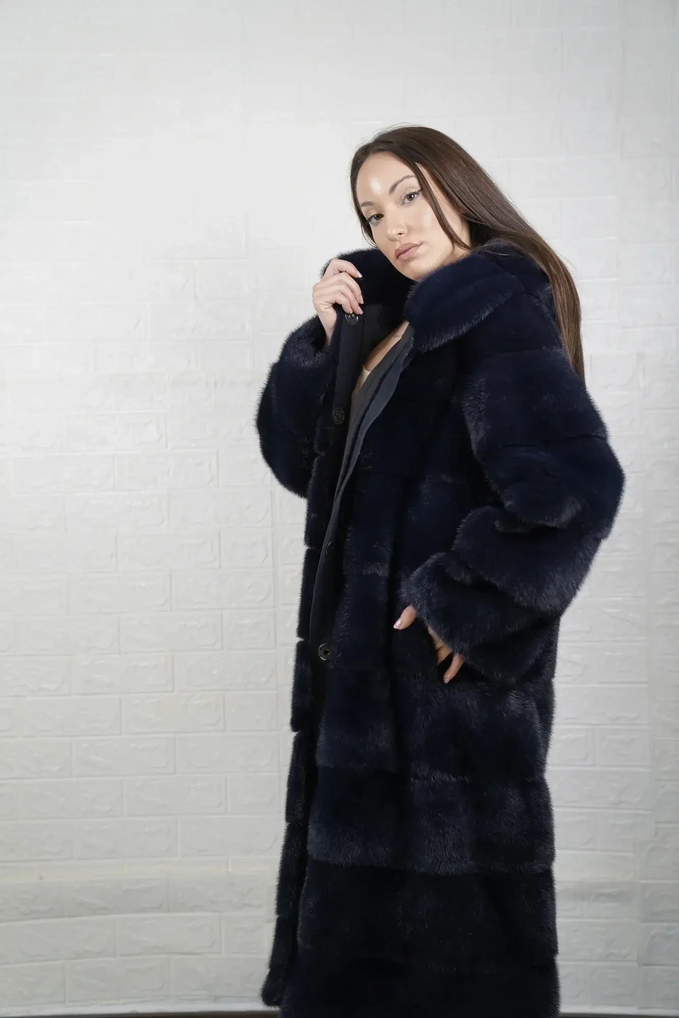 Mink fur overcoat blue long with hood women — front view hood down, TatiFurs
