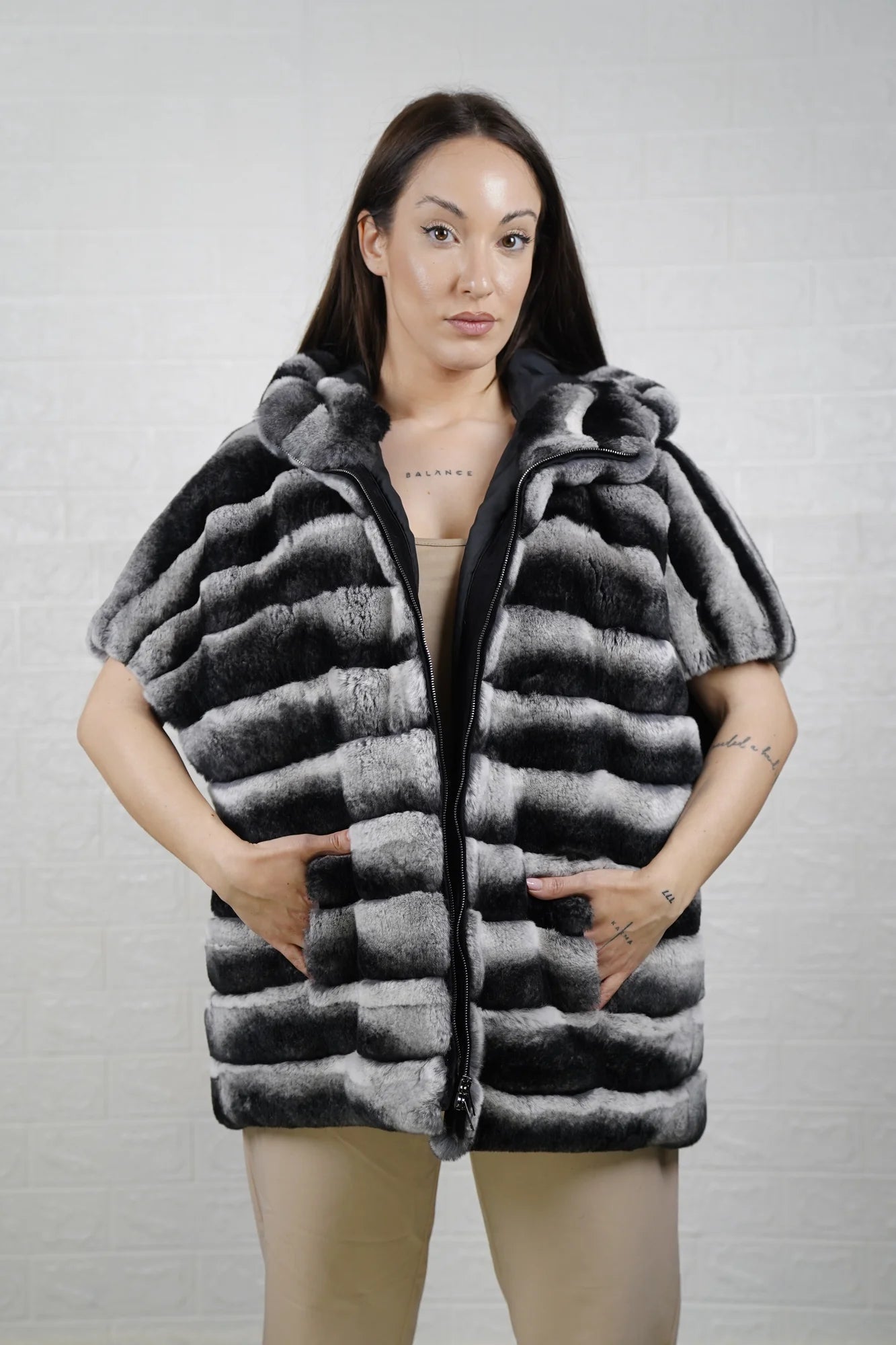 rex rabbit fur cape chinchilla — full front view, zipper hem to chin, dramatic chinchilla print — Greek craftsmanship, TatiFurs
