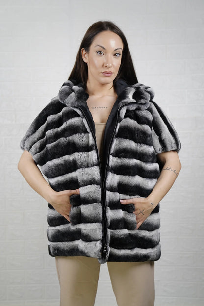rex rabbit fur cape chinchilla — full skin, hooded, short sleeves, below hip, zipper closure, front view — Greek craftsmanship, TatiFurs

