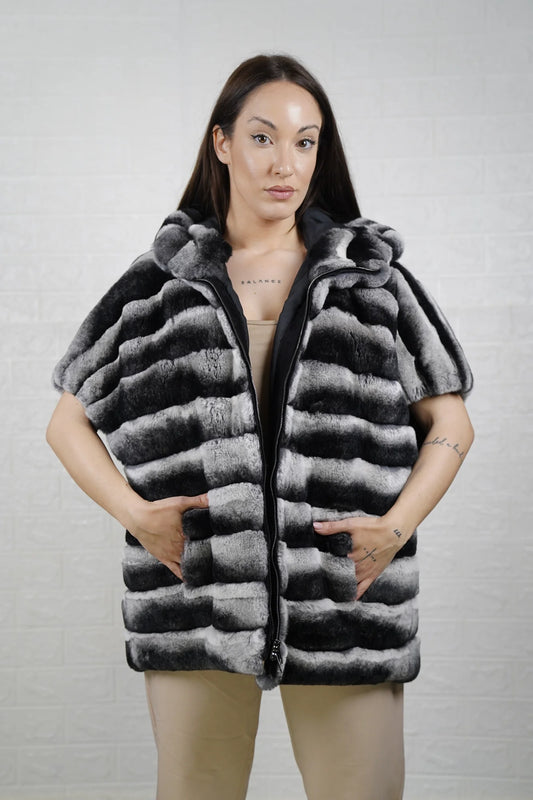 rex rabbit fur cape chinchilla — full skin, hooded, short sleeves, below hip, zipper closure, front view — Greek craftsmanship, TatiFurs
