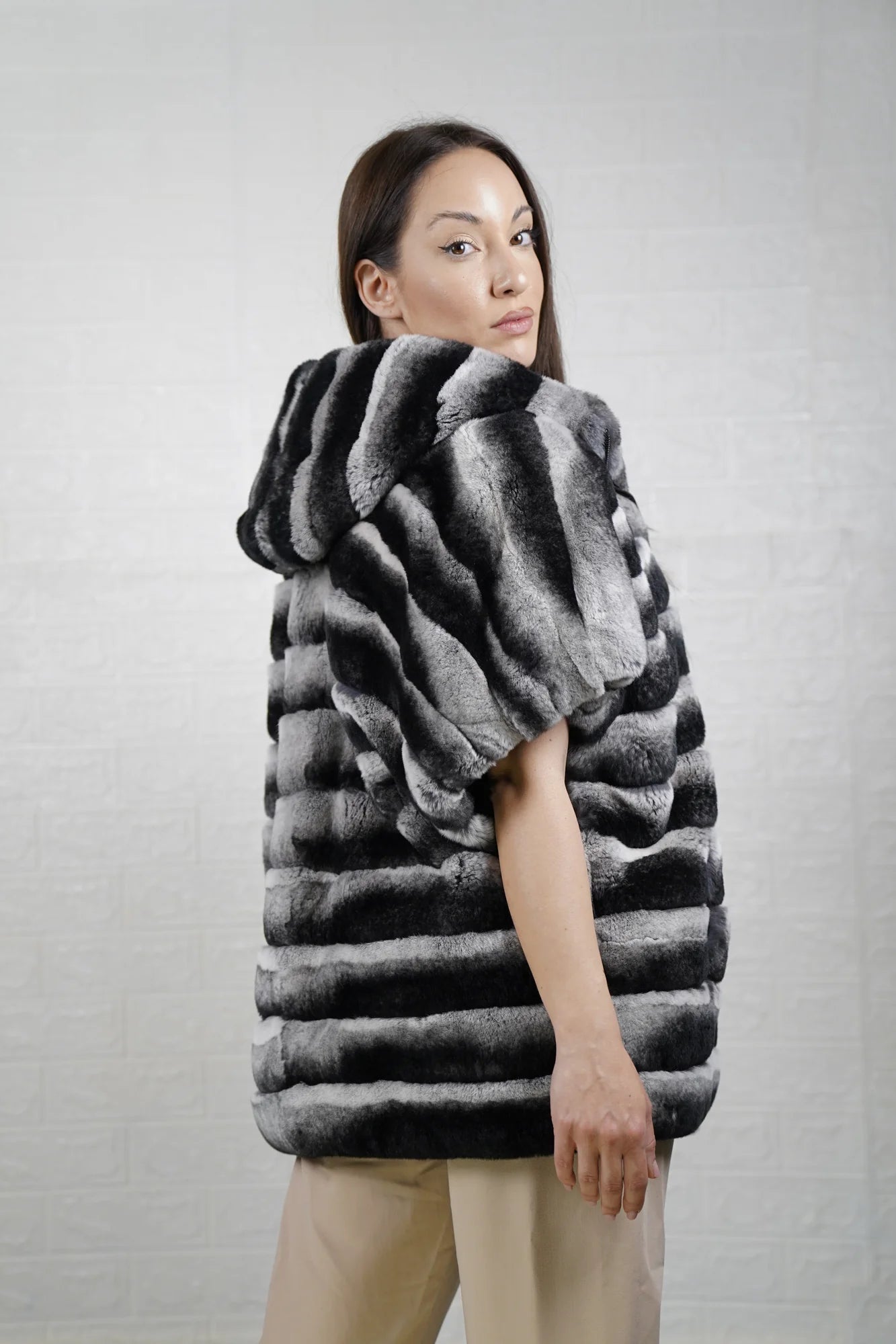 rex rabbit fur cape chinchilla — side profile, below hip silhouette, short sleeves — Greek craftsmanship, TatiFurs
