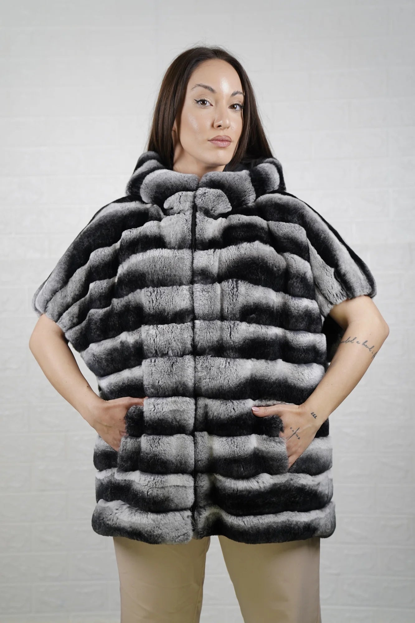rex rabbit fur cape chinchilla — hood detail, full skin construction, natural pelt direction — Greek craftsmanship, TatiFurs
