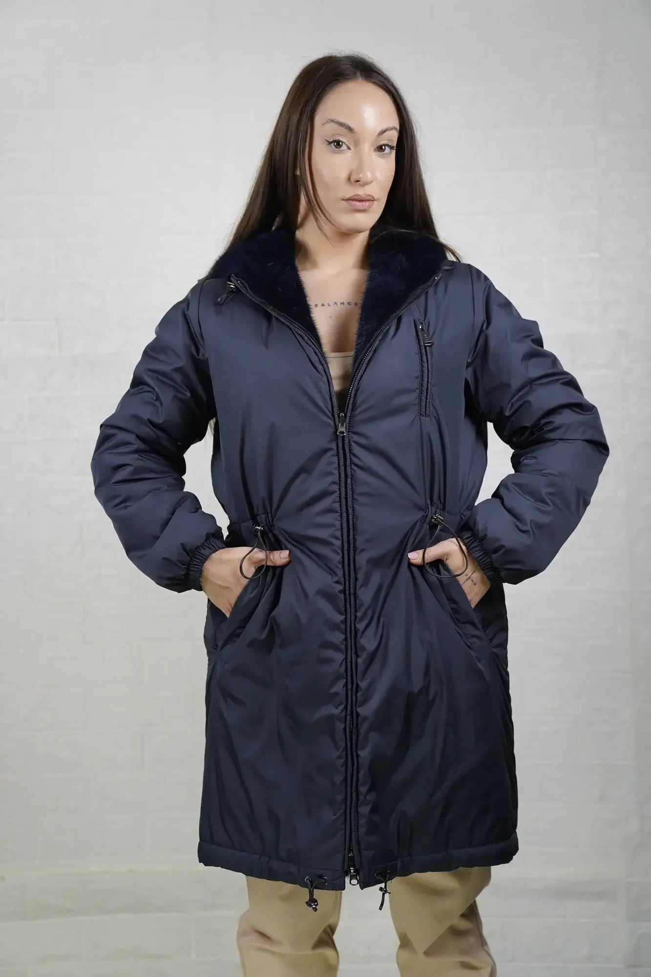 Mink fur coat reversible blue mink side showing uniform flat blue surface and above the knee hooded silhouette — Greek craftsmanship, TatiFurs
