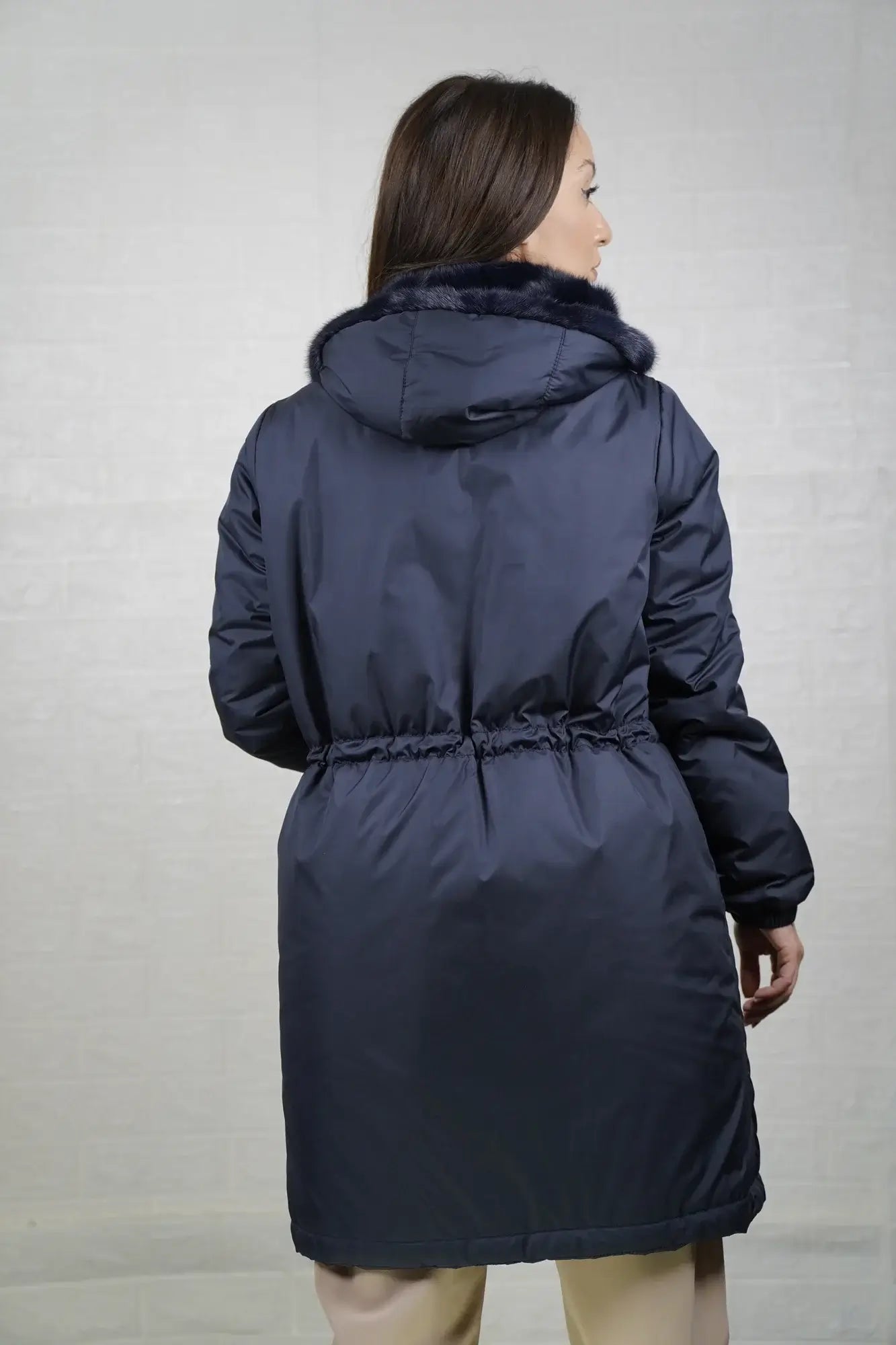 Mink fur coat reversible blue displayed synthetic side showing clean blue exterior and above the knee hooded silhouette reversed — Greek craftsmanship, TatiFurs
