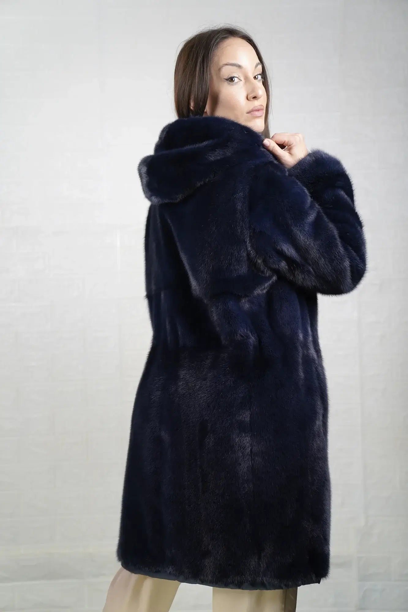 Mink fur coat reversible blue close-up texture showing solid pattern uniform flat blue mink surface — Greek craftsmanship, TatiFurs
