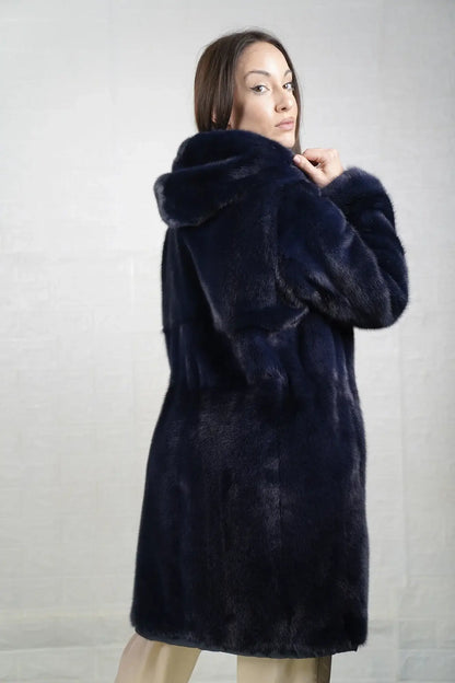 Mink fur coat reversible blue close-up texture showing solid pattern uniform flat blue mink surface — Greek craftsmanship, TatiFurs
