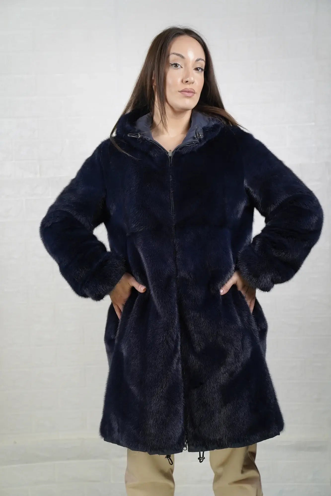 Mink fur coat reversible blue women shown full length from front mink side displaying mink lined hood and above the knee silhouette — Greek craftsmanship, TatiFurs
