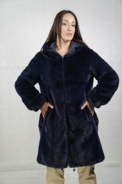 Mink fur coat reversible blue women shown full length from front mink side displaying mink lined hood and above the knee silhouette — Greek craftsmanship, TatiFurs
