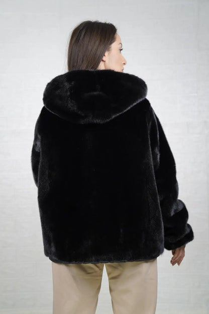 Mink fur jacket reversible black short hooded zipper — handcrafted in Greece, Greek craftsmanship, TatiFurs
