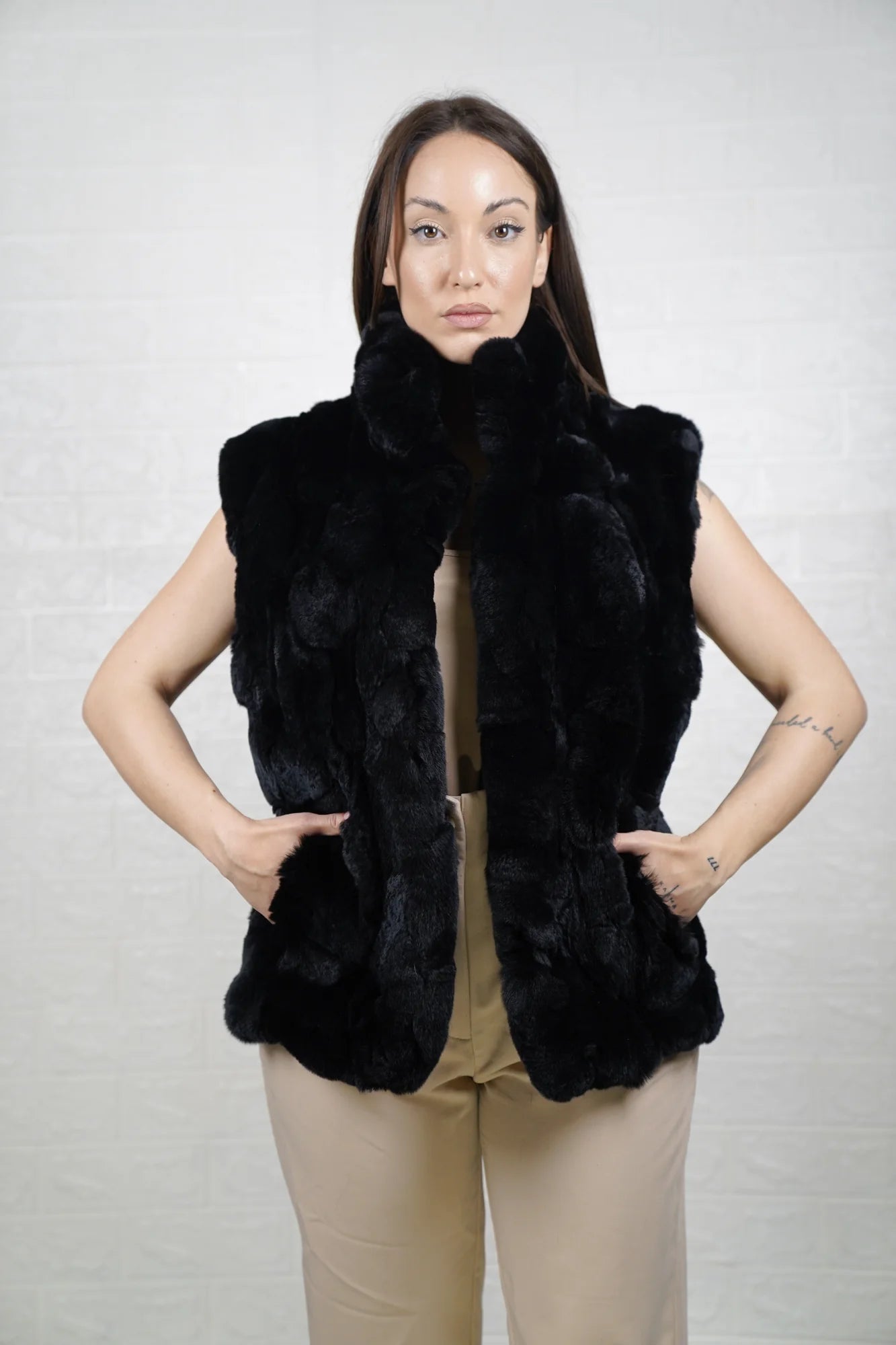 rex rabbit fur vest black — collar detail and button fastening, clean neckline — Greek craftsmanship, TatiFurs
