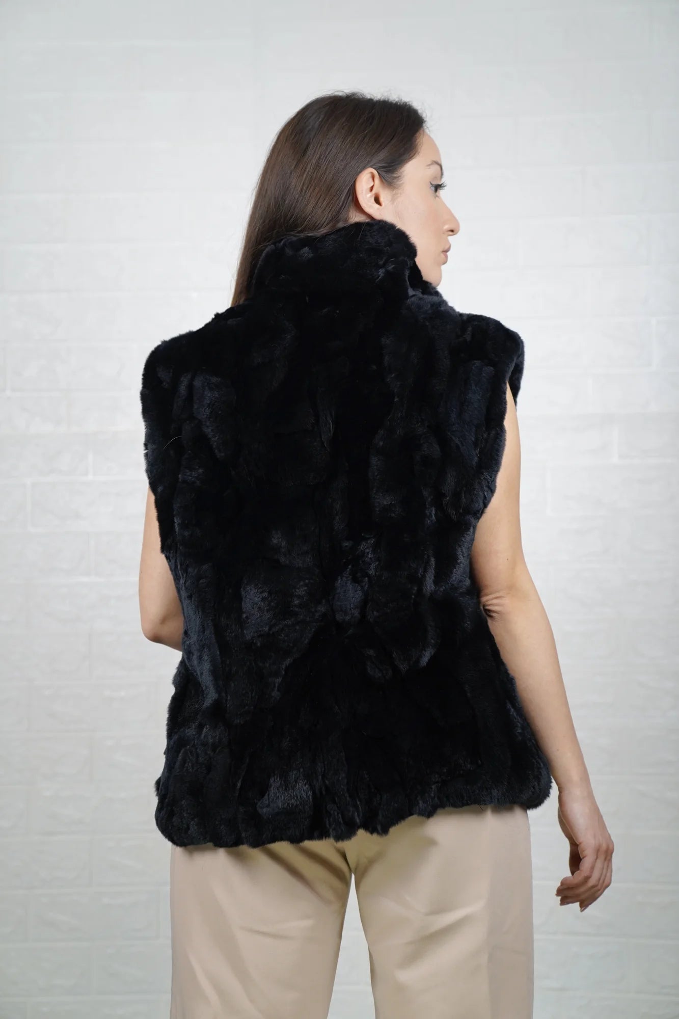 rex rabbit fur vest black — full front view, button closure collar to hem — Greek craftsmanship, TatiFurs
