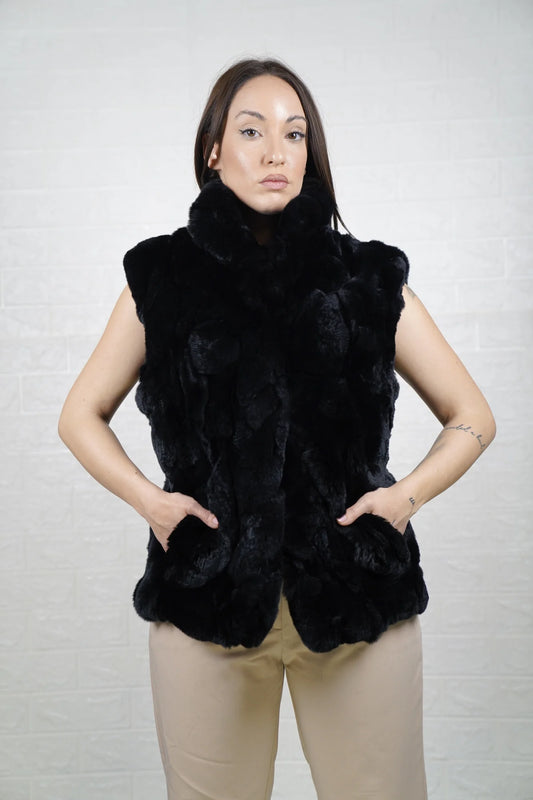 rex rabbit fur vest black — hip level length, collared, button closure, front view — Greek craftsmanship, TatiFurs
