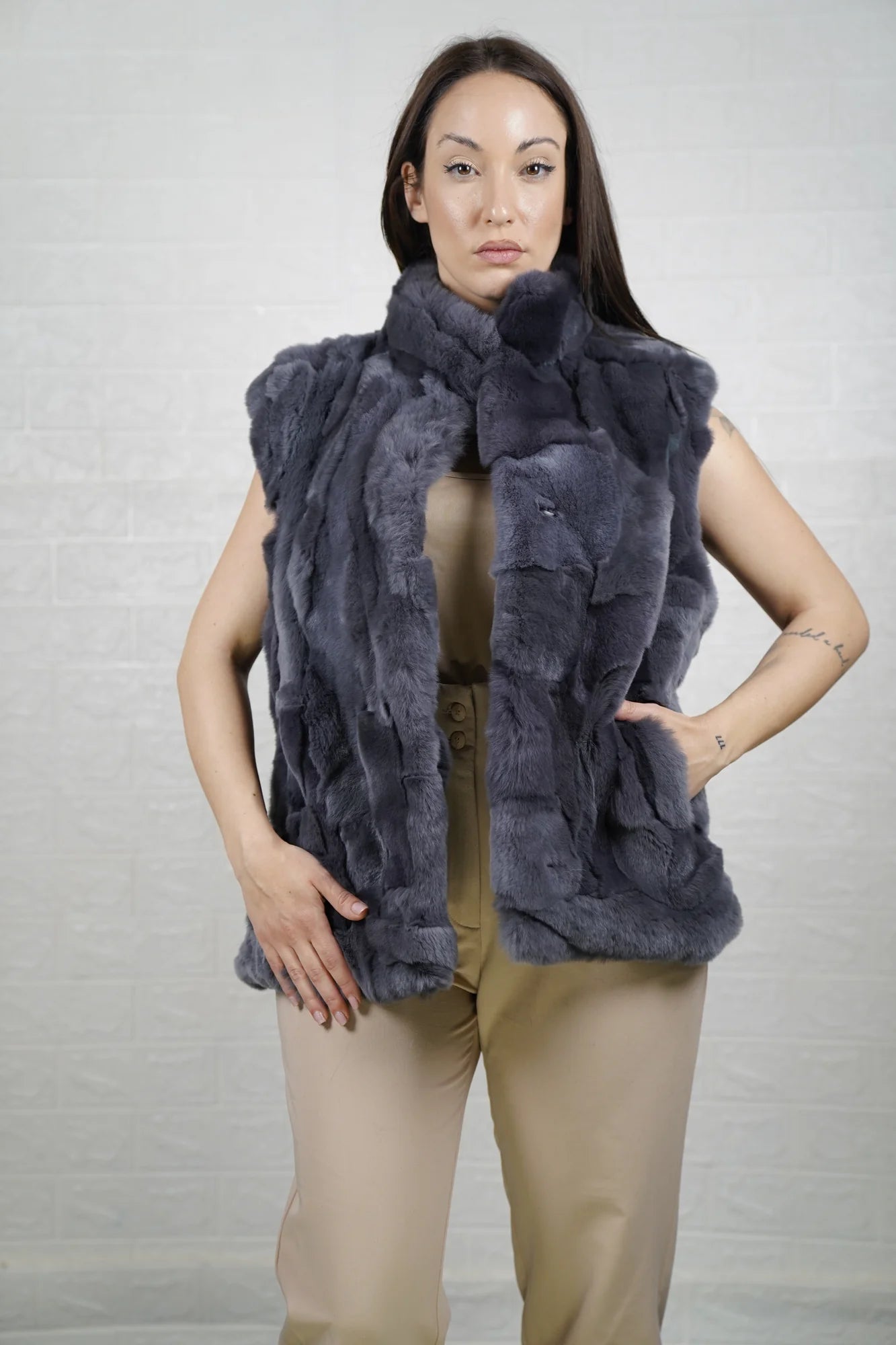 rex rabbit fur vest gray — collar detail and button fastening, clean neckline — Greek craftsmanship, TatiFurs
