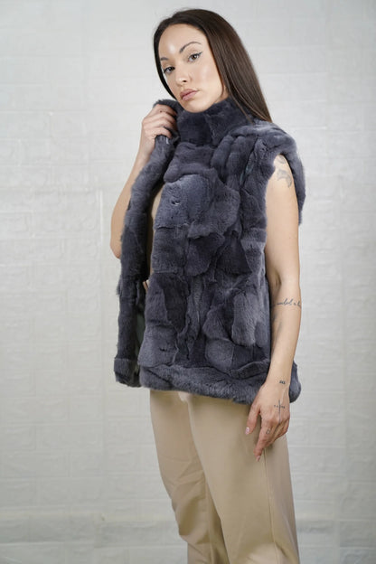 rex rabbit fur vest gray — hip level length, collared, button closure, front view — Greek craftsmanship, TatiFurs
