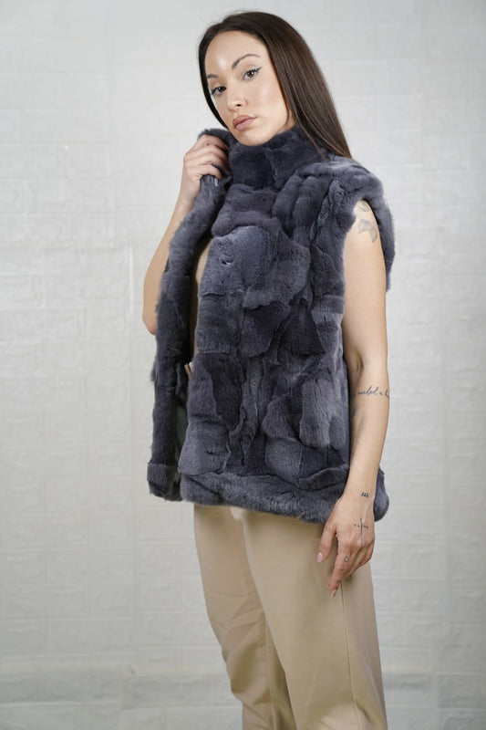 rex rabbit fur vest gray — hip level length, collared, button closure, front view — Greek craftsmanship, TatiFurs

