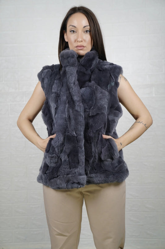 rex rabbit fur vest gray — dense velvety rex rabbit pile, close-up texture detail — Greek craftsmanship, TatiFurs
