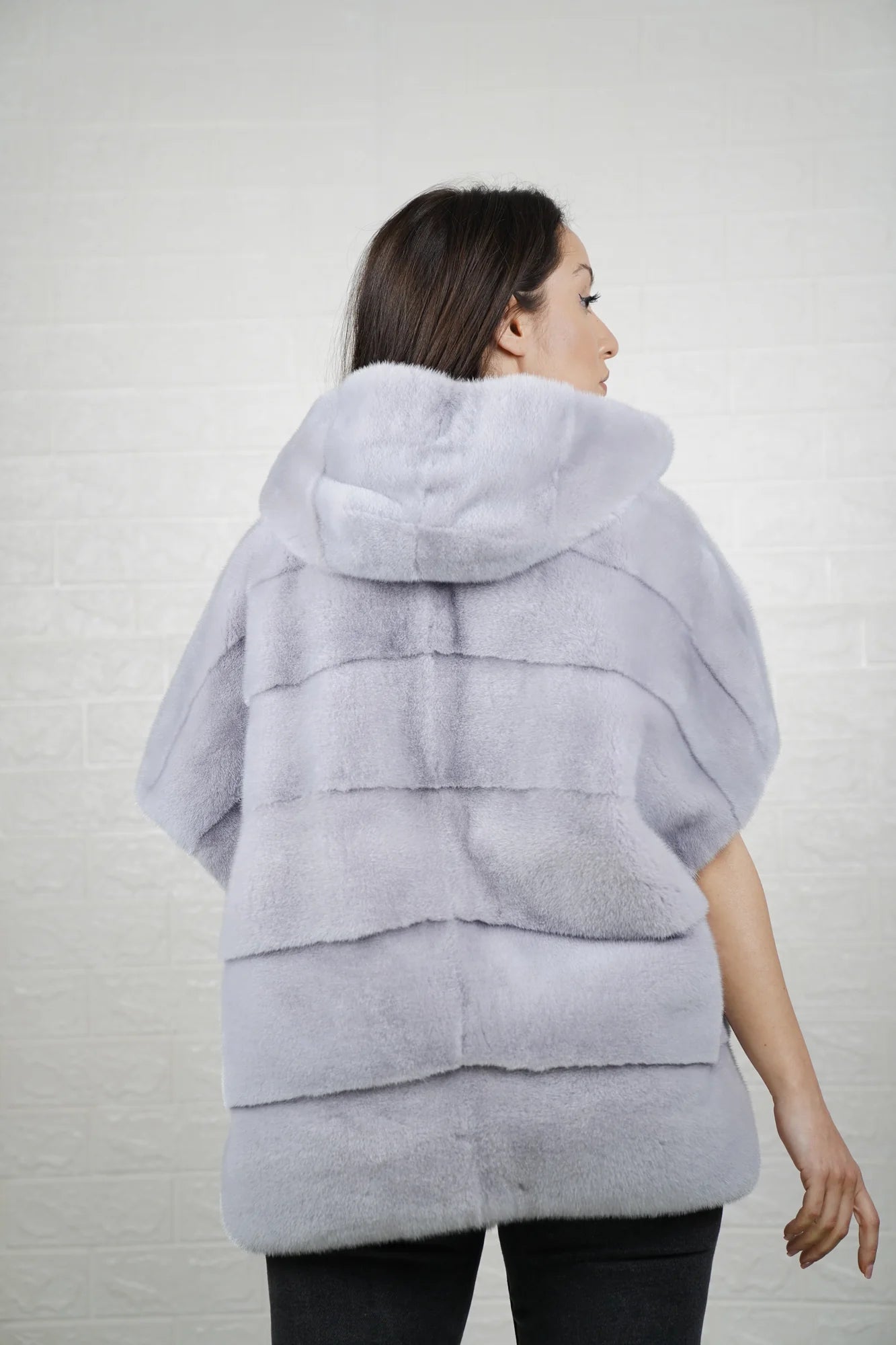 Mink fur cape purple — detail shot of premium satin lining and lined hood interior, TatiFurs

