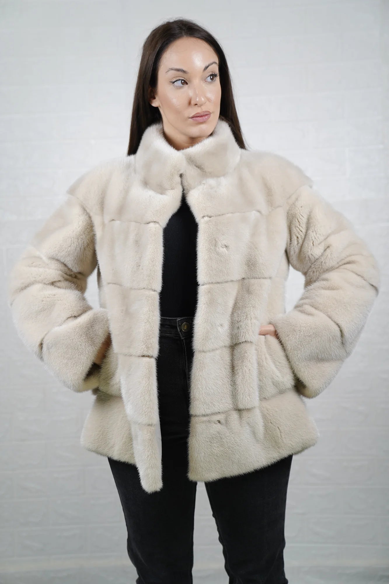 Mink fur jacket light beige collar close-up showing warm light beige mink collar framing the neckline and clean front silhouette
