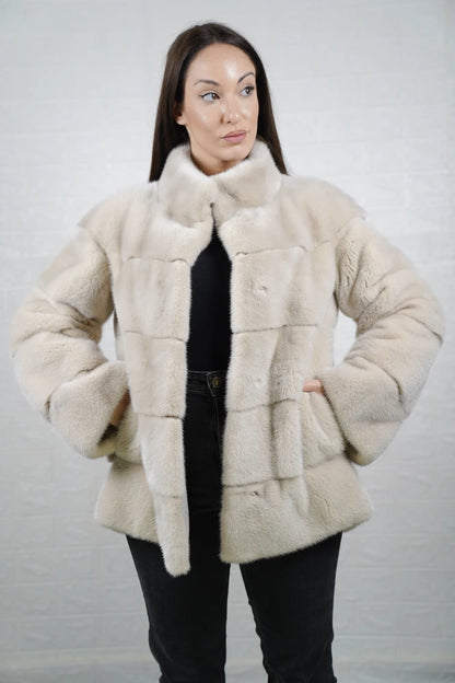Mink fur jacket light beige collar close-up showing warm light beige mink collar framing the neckline and clean front silhouette
